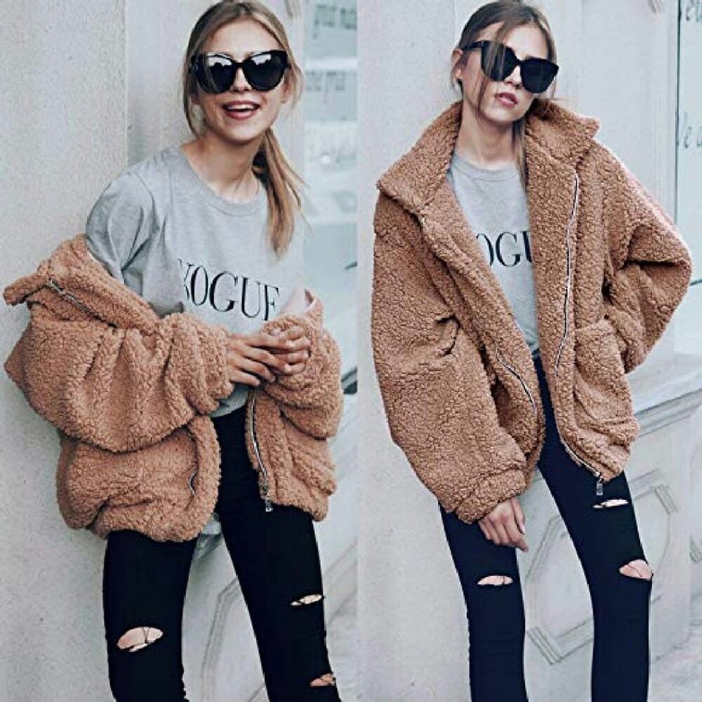 Oversized Faux Shearling Fleece Jacket Women's Winter Coat Warm Boyfriend Style - Picture 3 of 8